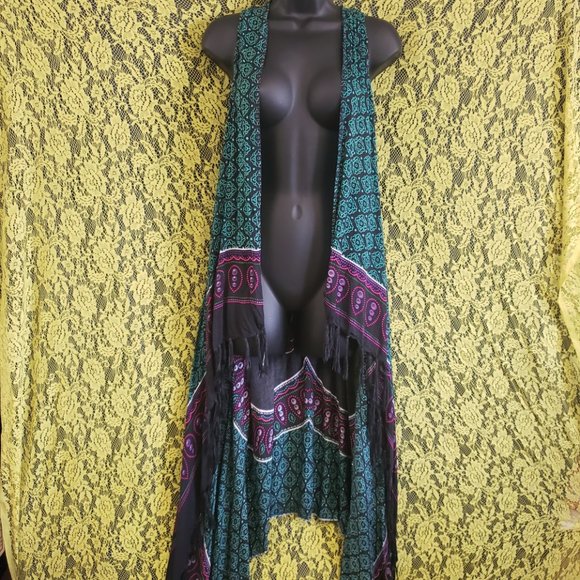 Embroidered Butterfly Tapestry Print Kimono Vest Cover Up - Picture 3 of 6